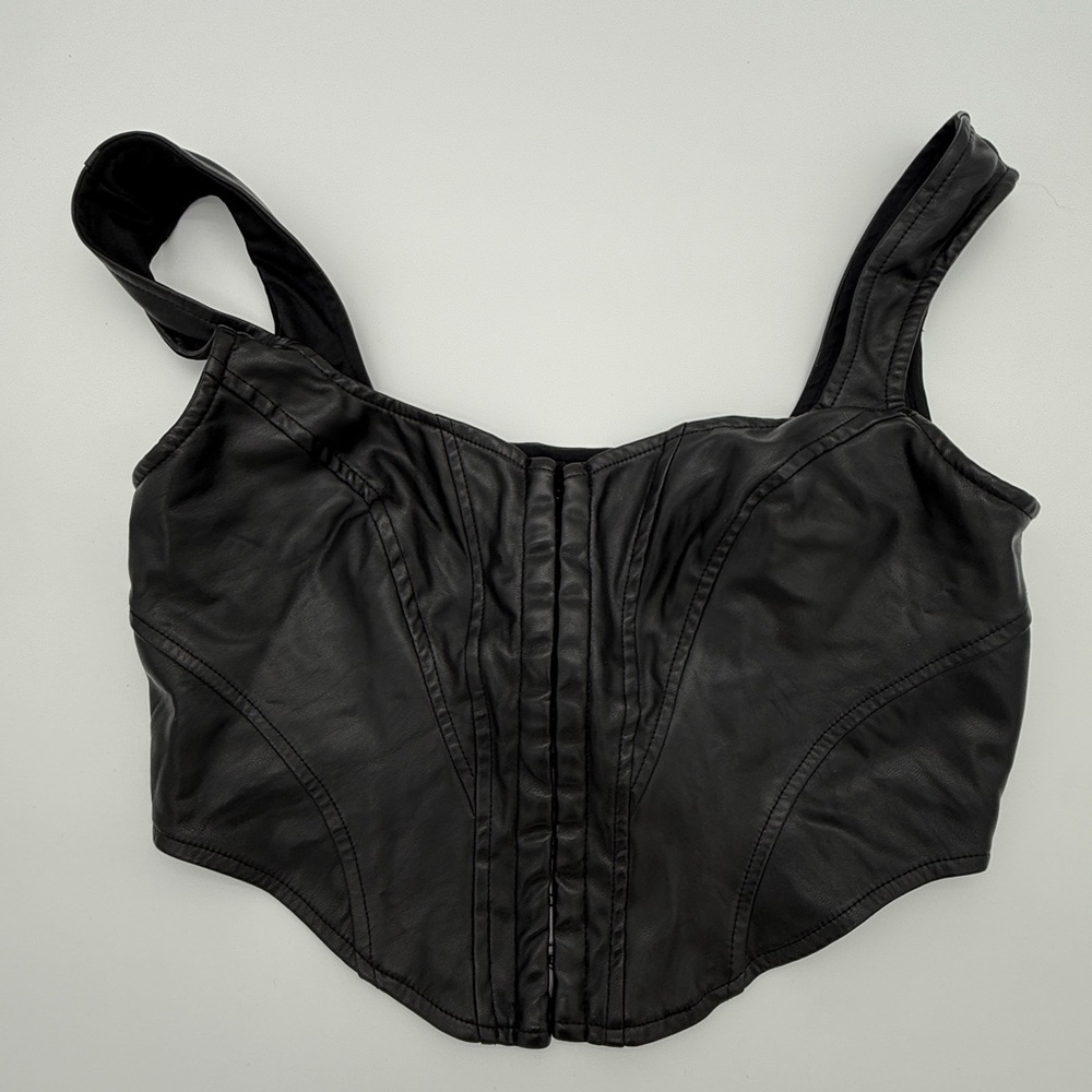 Black Faux Leather Corset Small Strap Bustier Hook Eye Front Edgy Goth Grunge